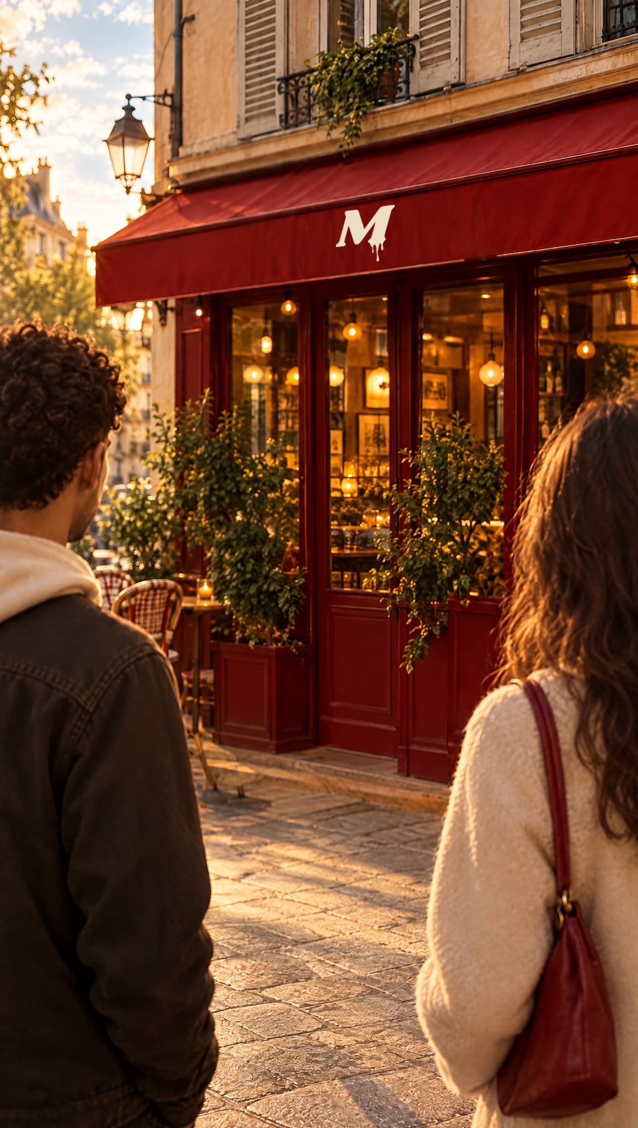 Un homme et une femme, vus de dos, devant le restaurant à l’enseigne MENZA, à la lumière du soir.