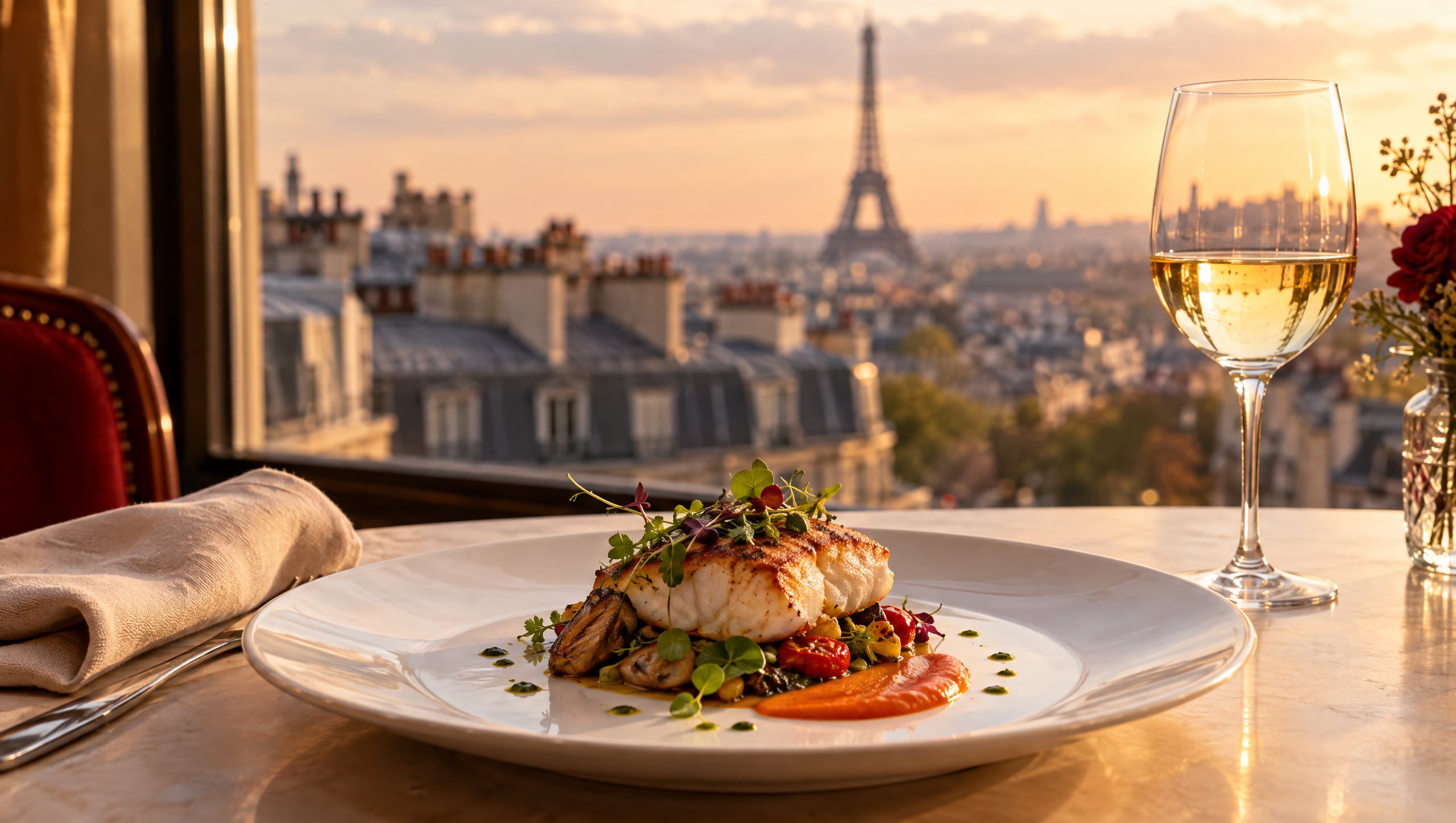 Un plat gastronomique dressé sur une table, la Tour Eiffel derrière la baie vitrée.