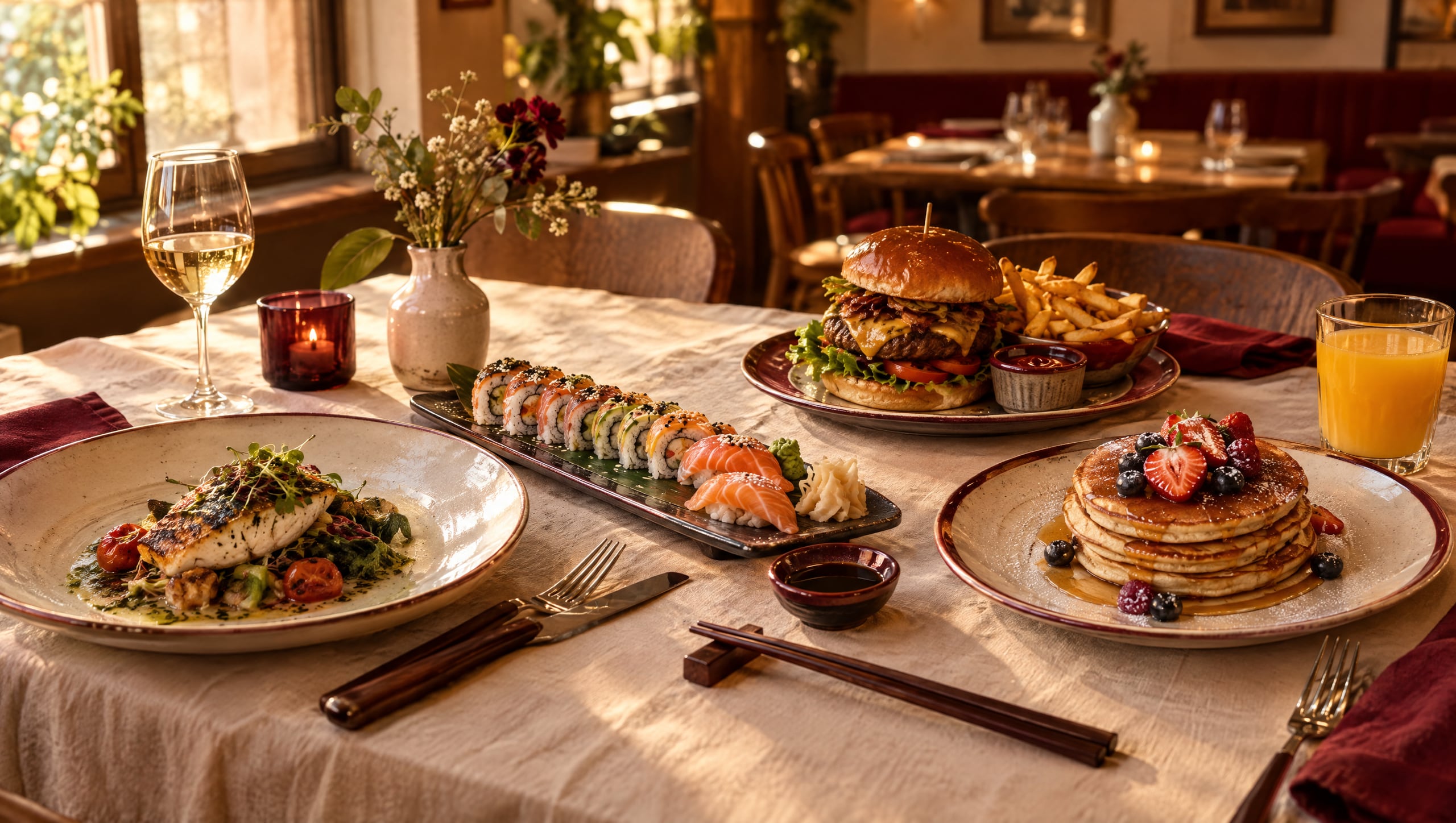 Le plat gastronomique, les sushis, le burger et le brunch réunis sur une même table.